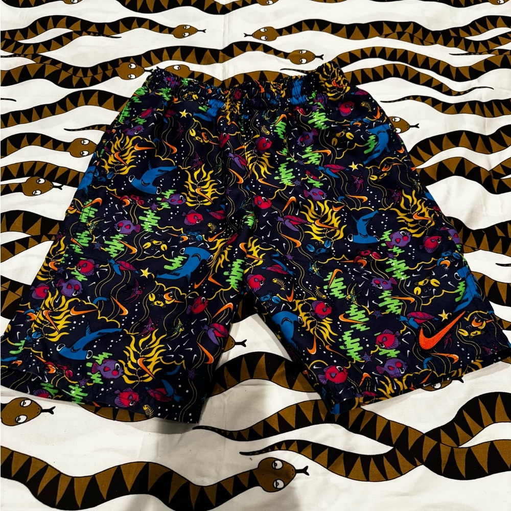 Nike Kids Black Neon Ocean-Print Swim Trunks